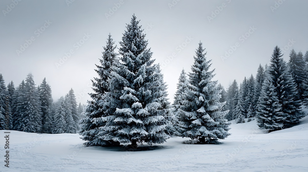 Fototapeta premium Serene winter landscape featuring snow-covered evergreen trees and frosted branches