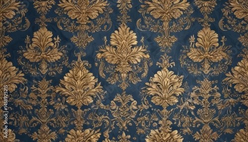 Seamless damask wallpaper Blue & gold floral motifs, luxurious design , fabric, art, home