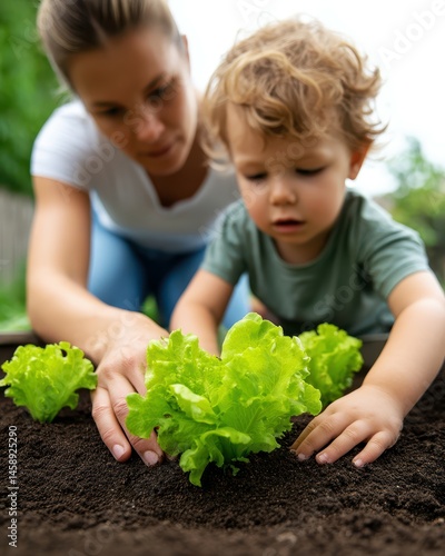 Eco parenting lifestyle. A mother and child planting lettuce seedlings together in a garden, focusing on hands and young green plants in soil.
