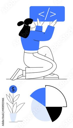Developer on one knee holding coding tag, plant symbolizing financial investment, pie chart for data analysis. Ideal for technology, coding, programming, development, finance analytics growth. Flat