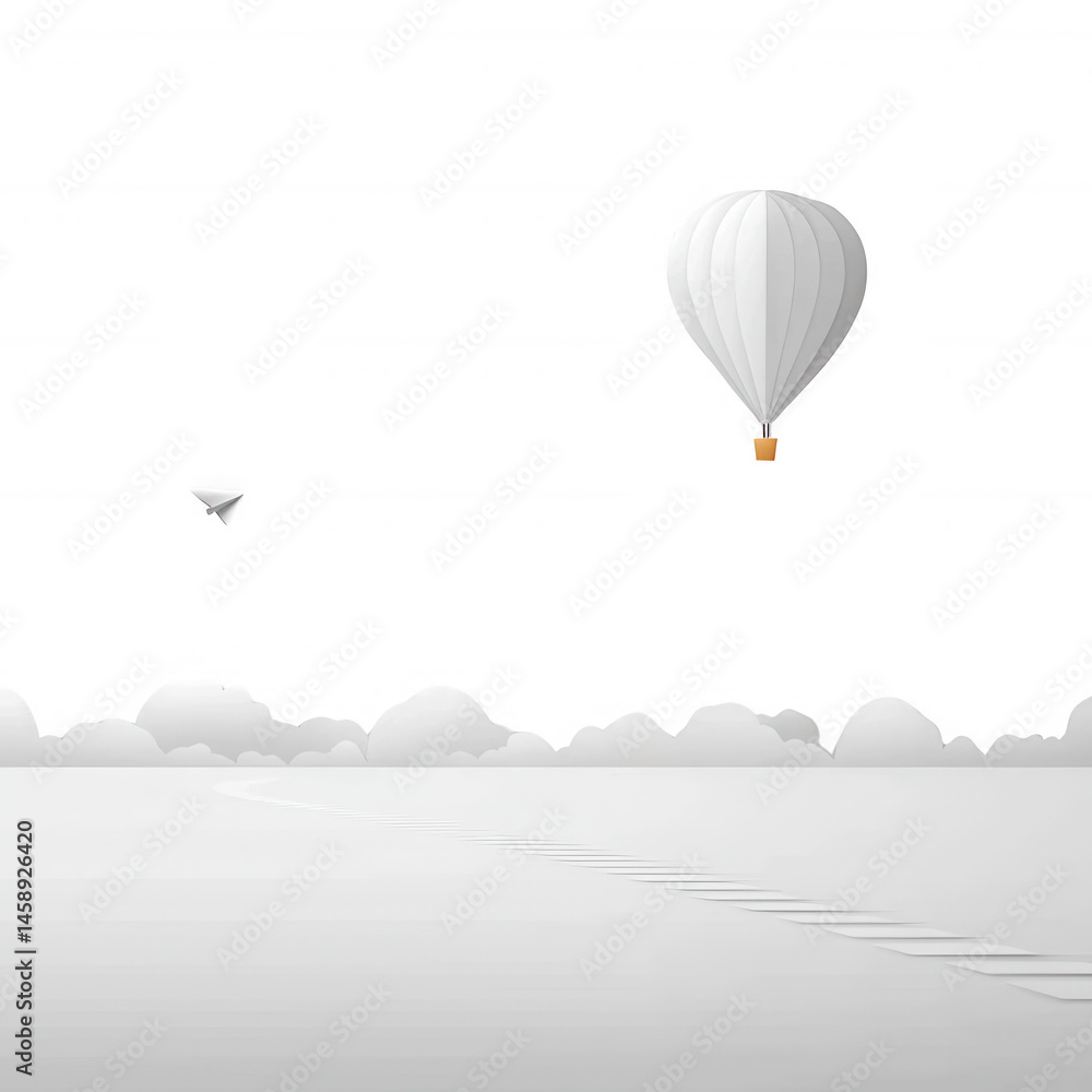 Obraz premium A serene scene depicting a white hot air balloon floating above fluffy clouds, set against a clear blue sky, evoking a sense of adventure and tranquility.