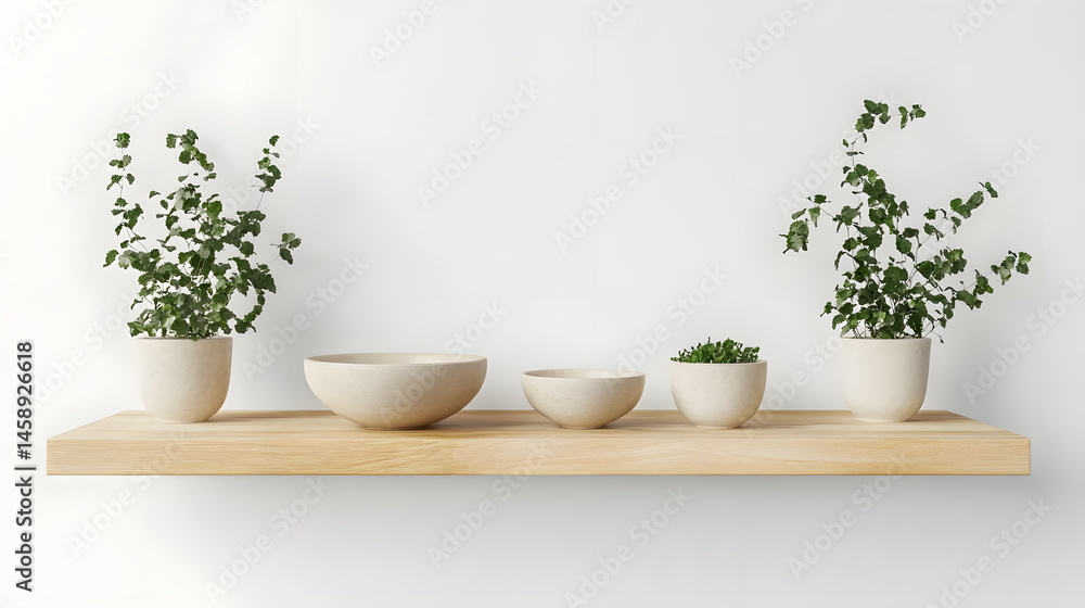 Shelf with plants and bowls: A minimalist composition features a wooden shelf adorned with vibrant potted plants and elegant bowls, presenting a serene and organized display against a simple backdrop. Shelf with plants and bowls: A minimalist composition features a wooden shelf adorned with vibrant potted plants and elegant bowls, presenting a serene and organized display against a simple backdrop.