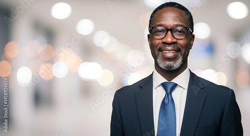 dreamy bokeh background of soft pastel lights, mature black businessman in office attire smiling confidently, subject positioned on the right side, leaving clear copy space on the left for text