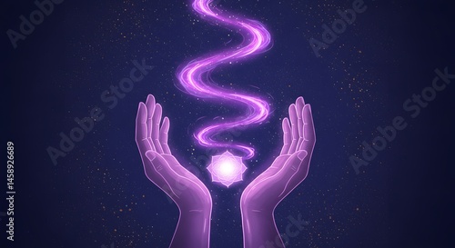 Abstract Representation of Hands Emitting Mystical Energy in a Cosmic Purple Background