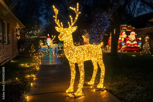 Festive outdoor christmas decorations featuring illuminated reindeer and elaborate holiday displays