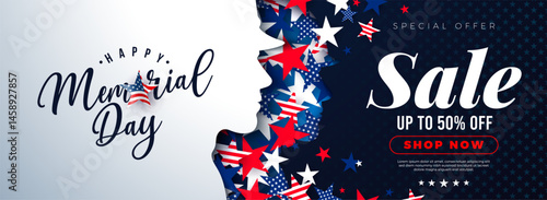 Memorial Day Sale Illustration with Flying Flag Pattern Stars in Patriotic Soldier Silhouette on Blue Background. Vector American USA National Celebration Design with Typography Lettering for Coupon