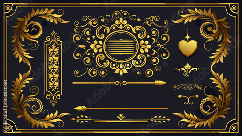 Luxury Gold vintage invitation vector set. Ornamental curls, dividers, Border design and golden components design for wedding invite, menus, certificates, boutiques, spa and logo 