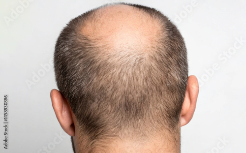 Bald or balding head of man with visible hair loss on top, male pattern baldness and thinning hair, transplant surgery and treatment