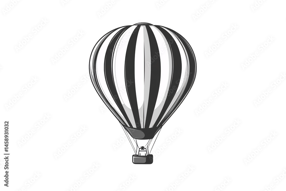 Symmetrical balloon with vertical stripes and tilted basket, suggesting liftoff and serene upward motion, isolated on a transparent background Symmetrical balloon with vertical stripes and tilted basket, suggesting liftoff and serene upward motion, isolated on a transparent background