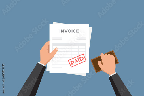 Illustration showing hands holding a stamped invoice, symbolizing payment and financial management in a business setting. Ideal for concepts of accounting, payment confirmation.