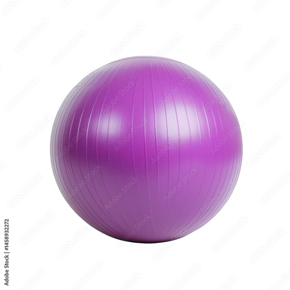 Fototapeta premium A vibrant purple exercise ball, perfect for fitness routines and home workouts, placed on a white isolated background to highlight its design and color.