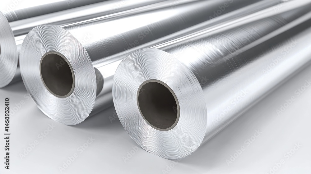Fototapeta premium Rolled aluminum foil. Stacked aluminum foil rolls