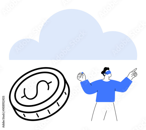 Person wearing VR headset gestures near large coin and cloud icon. Ideal for technology, finance, innovation, virtual reality, data storage, future trends, simple landing page