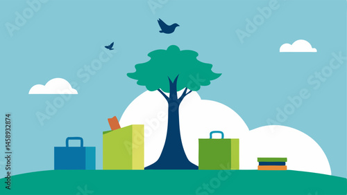 Nature Over Goods A serene landscape with a tree and birds contrasted against a small pile of discarded shopping bags and packaging promoting a connection with nature over consumer