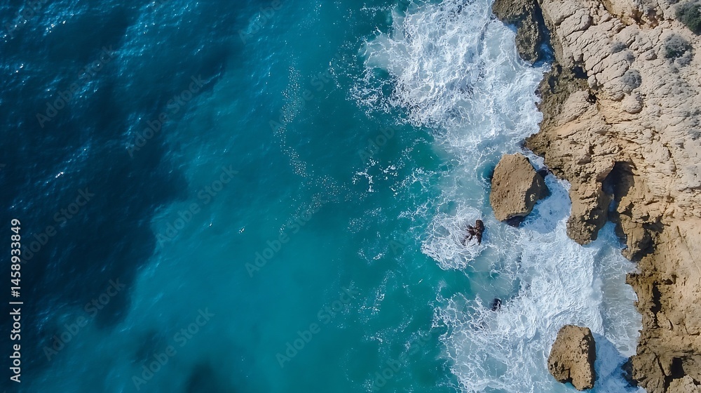 Obraz premium Aerial view of turquoise ocean waves crashing against a rocky coastline, showcasing the dramatic contrast between the deep blue water and the light beige cliffs. : Generative AI