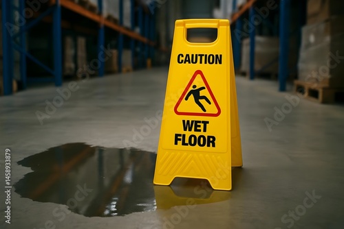 Yellow Caution Wet Floor Sign in Warehouse with Water Puddle