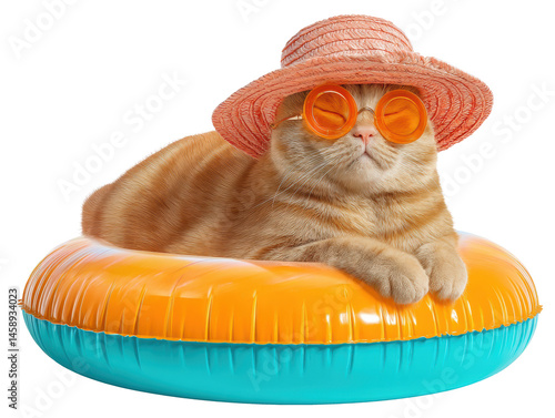 Playful cat relaxing on inflatable float with summer accessories, cut out