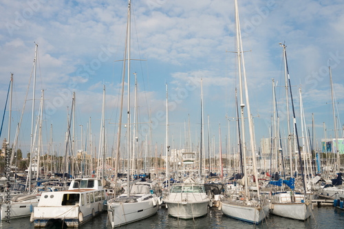 Obraz na płótnie Scenic marina with numerous sailing boats and masts under a clear blue sky w salonie