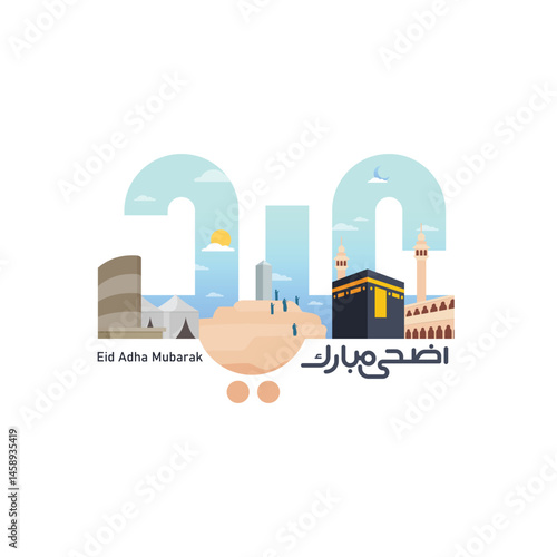Eid Al-Adha mubarak greeting card template with creative arabic calligraphy means Happy Eid. Eid Hajj illustration