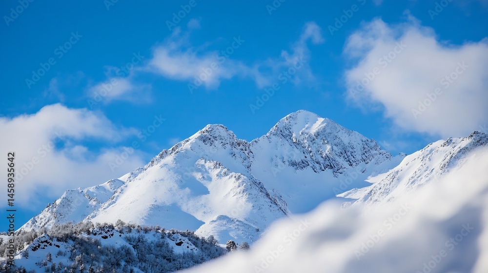 Obraz premium Majestic snow-capped mountain peaks rise against a vibrant blue sky, partially obscured by fluffy white clouds, creating a breathtaking winter landscape. : Generative AI