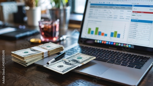 Stacks of Cash and Laptop Displaying Financial Data on Wooden De