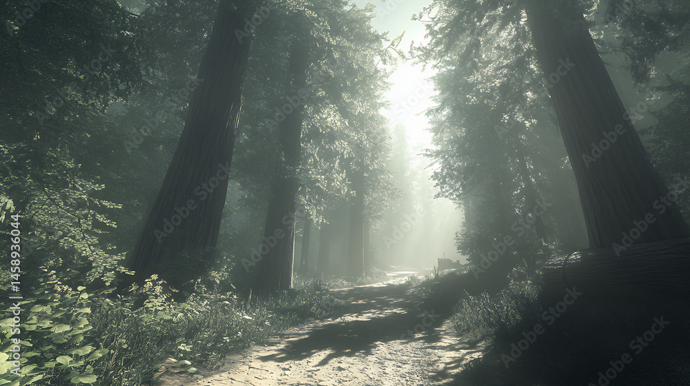 Obraz premium Digital Forest Path With Glowing Sunlight