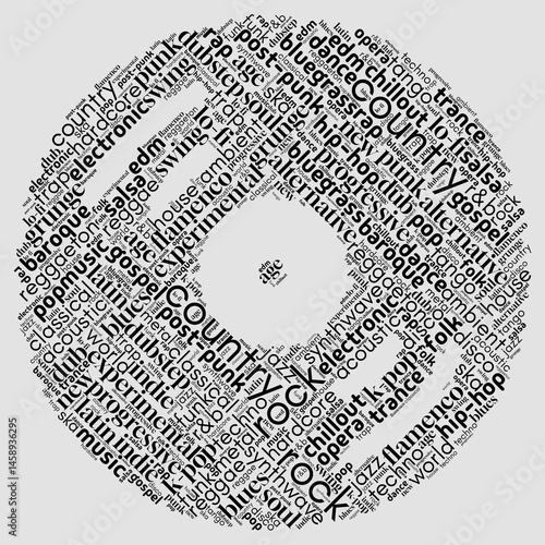 Word cloud centered on "Different Music Styles", filled with genres, instruments, and cultural terms. Ideal for showcasing diverse music, genres, and musical influences across the world