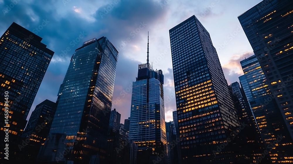Modern skyscrapers at dusk, showcasing illuminated windows and a dramatic cityscape, offering a powerful image of urban architecture and city life. : Generative AI