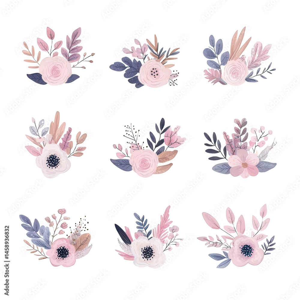 Fototapeta premium Collection of beautiful floral arrangements featuring soft pink and purple tones on a white background, perfect for decorative purposes or graphic design projects.