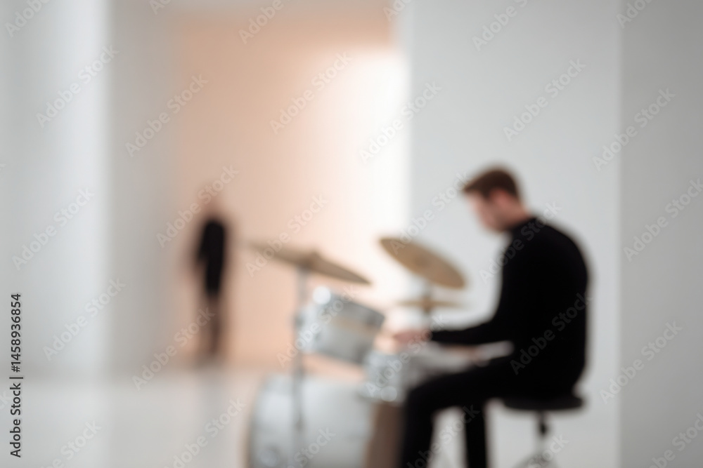 drummer performing in minimalist interior surrounded by soft light and bright atmosphere drummer performing in minimalist interior surrounded by soft light and bright atmosphere