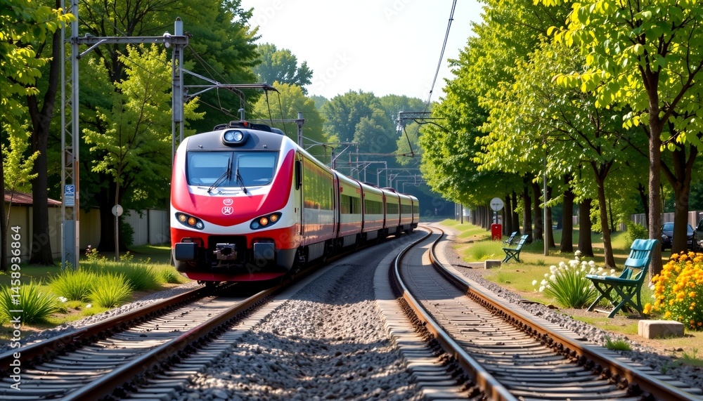 Obraz premium a railway system for cargo using electric trains only, surrounded by trees, clean and minimal scene