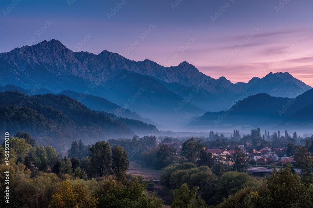 Obraz premium Serene Mountain Village Embraced by Mist Under a Dreamy Pastel Dawn Sky