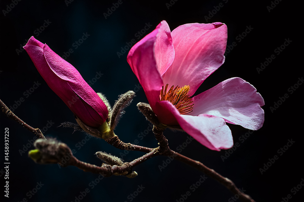 Fleur de magnolia en gros plan sur fond noir
