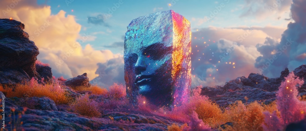 A large, colorful rock with a face carved into it