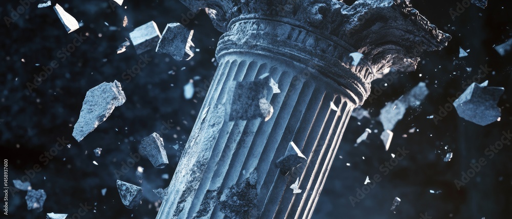 A pillar is shown in a shattered state, with the rubble surrounding it