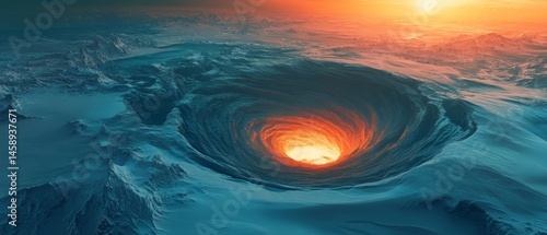 Obraz na płótnie A large hole in the ocean with a bright orange sun in the background w salonie