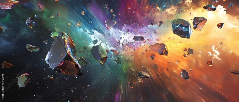 A colorful explosion of space debris with a rainbow of colors