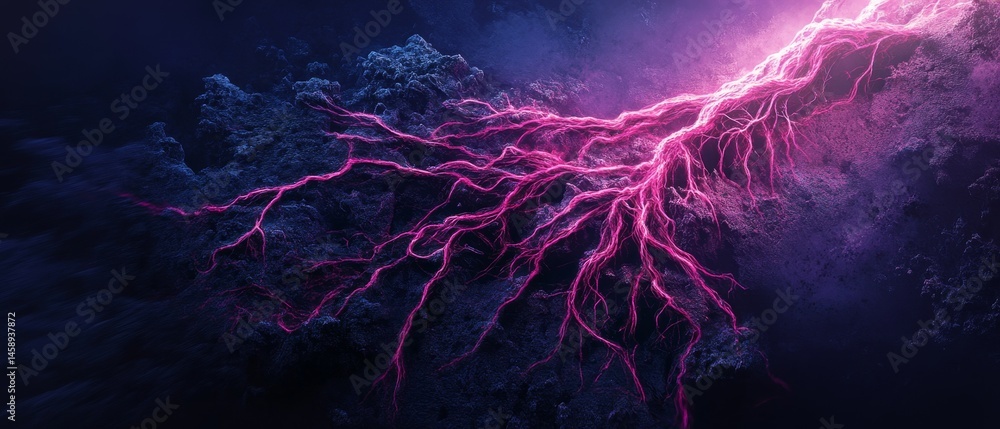 A purple and blue image of a lightning bolt with purple and blue branches