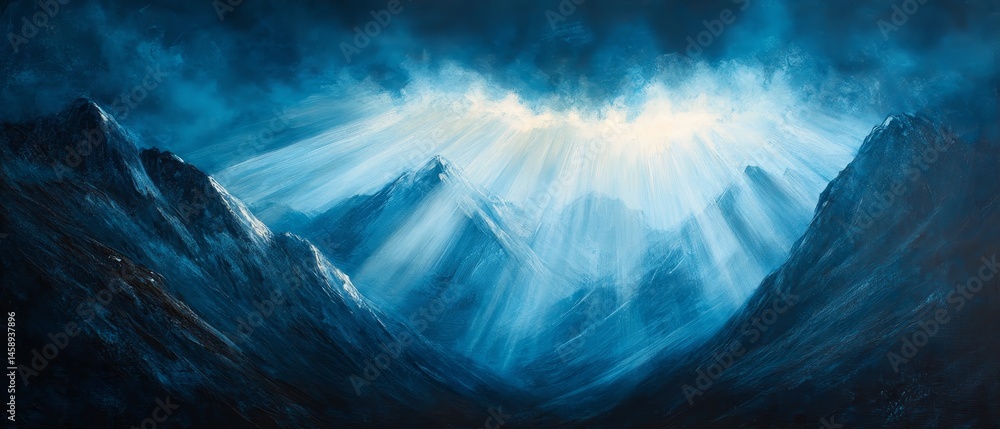 A painting of mountains with a bright blue sky and sun shining on the mountains