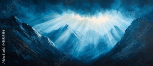 Obraz na płótnie A painting of mountains with a bright blue sky and sun shining on the mountains w salonie