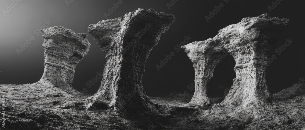 A black and white photo of a rocky landscape with four large rocks