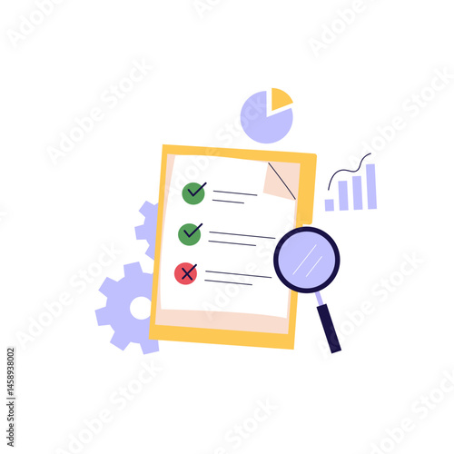 Survey Research. People Standing with Magnifying Glass and Making Social Group Research. Concept of Sociology, Know Your Customer, Checklist. Vector illustration for Web Design