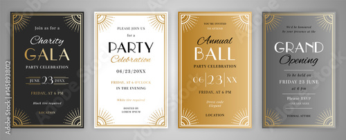 Charity Gala, Party Celebration, Annual Ball, Grand Opening invitation cards. Geometry ornate black, gold, white and silver Art deco style decor retro linear frames. EPS 10 vector illustration.