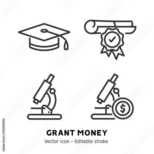 Taking grant or scholarship money icons set. Student pay education loan. Collection of grant certificate, university and college fee, study fund, scholarship money flat outline icons. Editable stroke