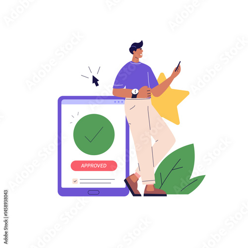 Payment Successful. Client man paying successfully and safely. Online mobile payment and banking service. Concept of payment approved, payment done. Vector illustration for web banner mobile app