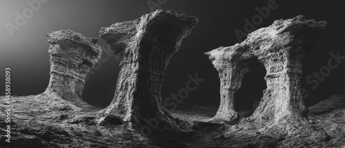 Obraz na płótnie A black and white photo of a rocky landscape with four large rocks w salonie