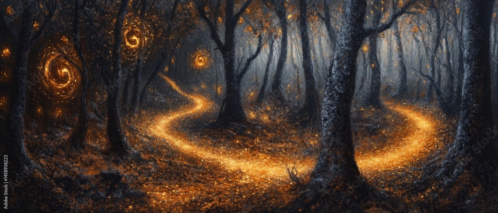 A painting of a forest with a glowing path