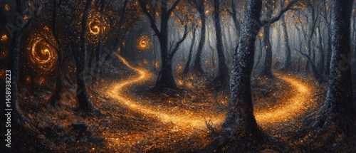 Obraz na płótnie A painting of a forest with a glowing path w salonie