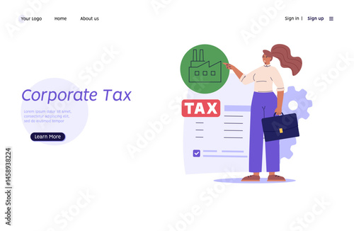 Corporate Tax. Woman pay taxes with calculator. Financial administration service. Set of financial management, debt, duty, audit and accounting. Vector illustration for UI, banner