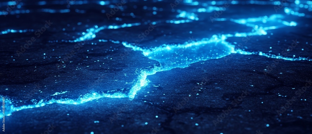 A blue and white image of a cracked surface with a blue glow